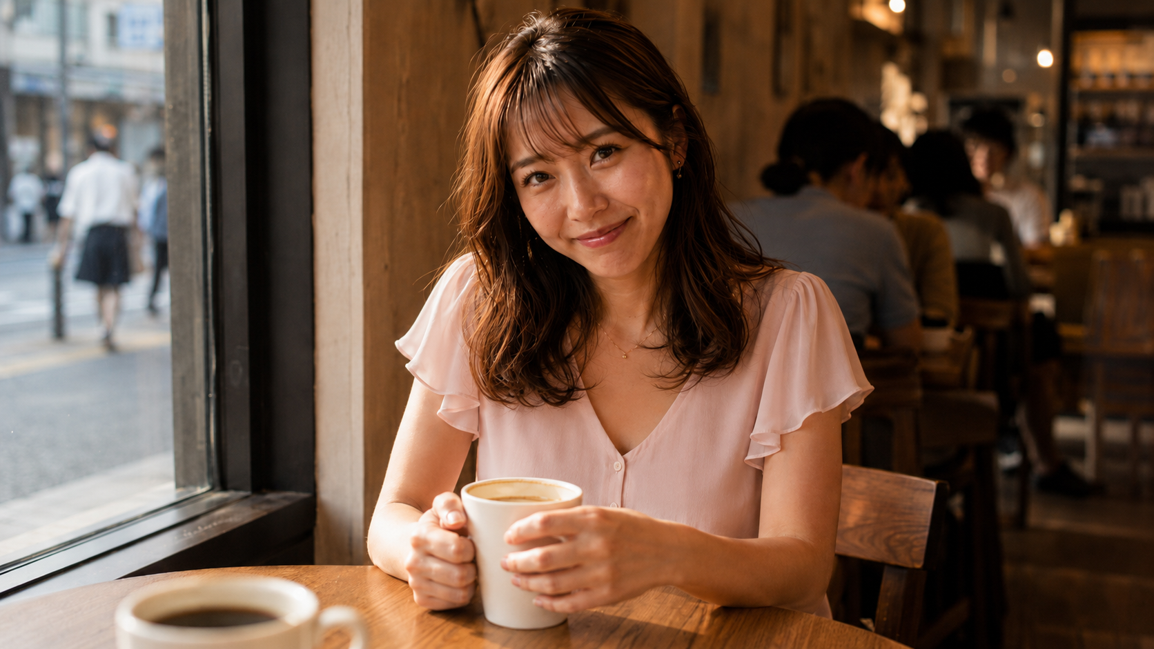 カフェの窓辺で微笑む彼女
